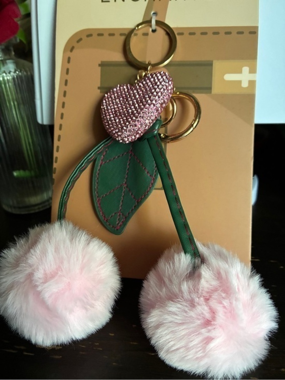 Pink Faux-Fur Cherry Bag Charm with Green Leaf